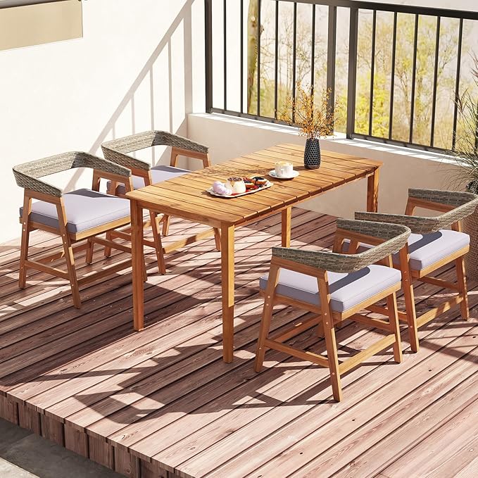 Tangkula 5 Piece Patio Dining Set for 4, Outdoor Solid Wood Rectangle Table Set with Cushioned Armrest Chairs,for Deck, Poolside, Outside and Lawn