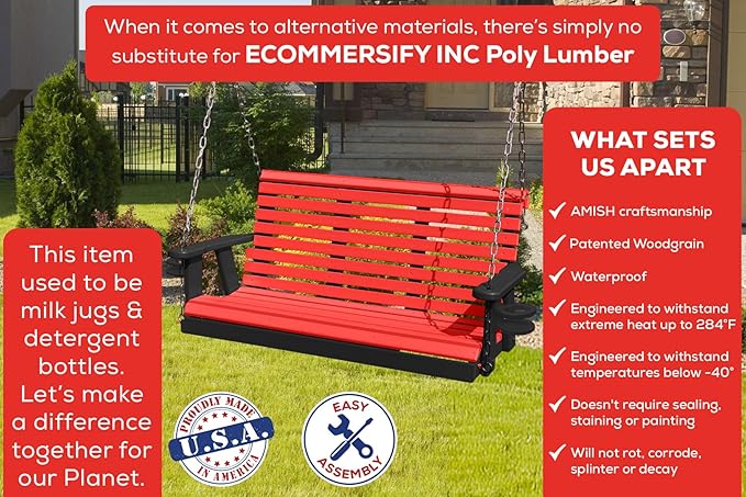 Poly Lumber Wood 5FT Porch Swing Amish Craftsmandship Made in USA HDPE with No wood fibers and 1000 lbs Limit. Stainless Steel Hardware.Signature Rollback design for Patio Outdoor Backyard Garden Park