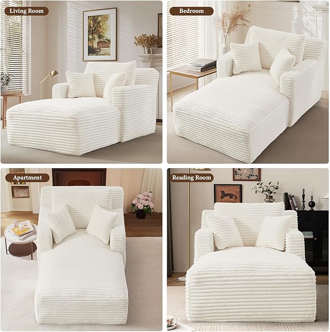 65.4" Chaise Lounge Chair Indoor, Oversized Boneless Couch Comfy Upholstered Sleeper Sofa Bed with 3 Pillows, Corduroy Cloud Reading Chair for Living Room No Assembly Required, White Beige