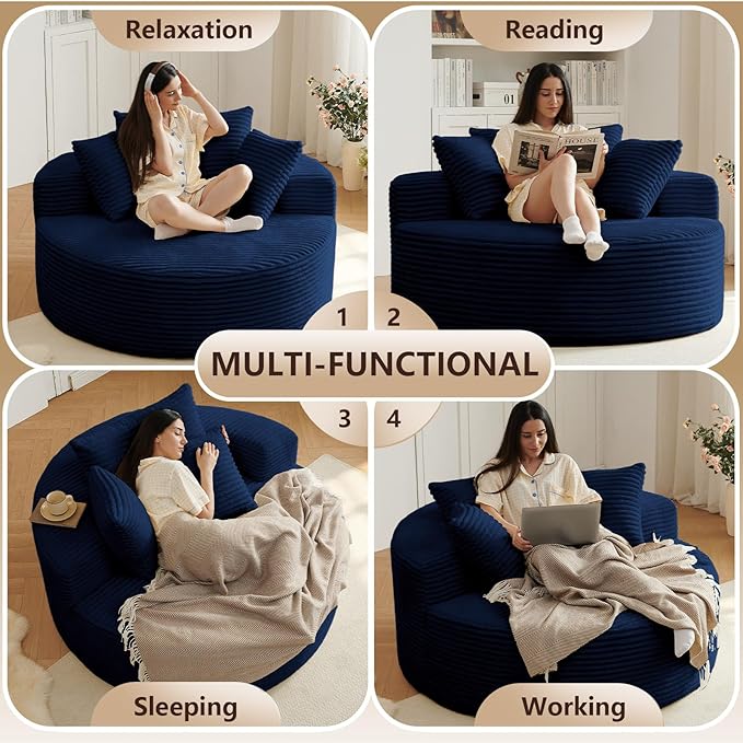 Oversized Round Chair Lounge Chaise Indoor, Upholstered Corduroy Deep Seat Cloud Large Circle Sofa Chair, No Assembly Required, Fluffy Modern Sleeper Sofa Bed for Reading, Living Room, Dark Blue