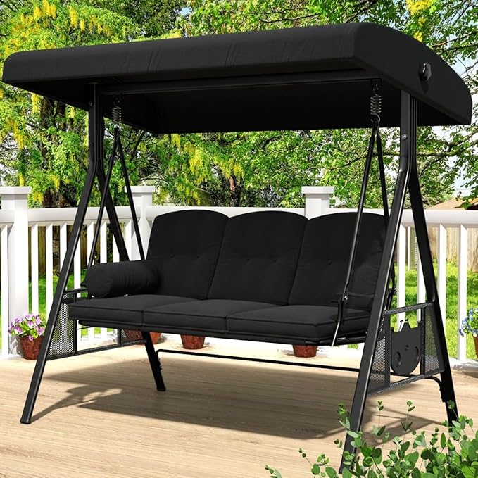 AECOJOY Outdoor Porch Swing, 3-Seat Porch Swing with Adjustable Canopy, Outdoor Swings for Adult with Black Removable Cushions for Backyard, Garden, Yard, Poolside, Balcony