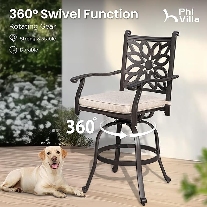 PHI VILLA Patio Furniture Set, Brown 3Pcs Cast Aluminum High Top Table and Swivel Bar Stools with Cushion, Pub Bistro Set for Outdoor
