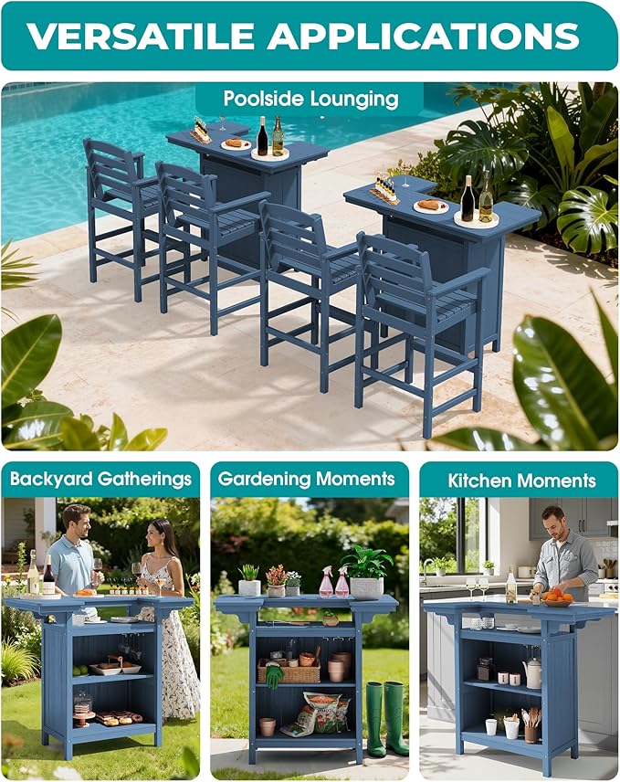 SERWALL Outdoor Bar Table,Patio Bar Cabinet with 4-Tier Storage and Spacious Tabletop for Outside,Poolside, Backyard,Made of HDPE,Blue