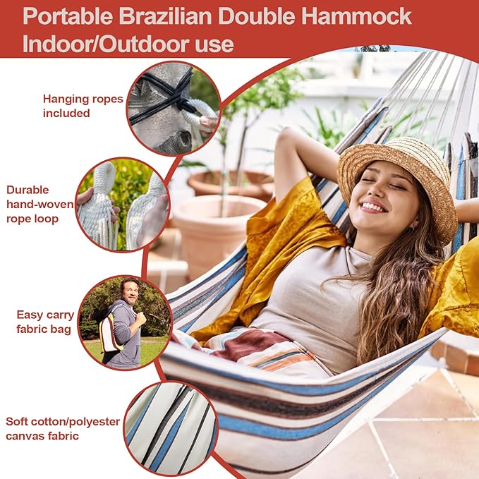 JoyView Brazilian Hammock for Single Preson - 78.8x39.4” Portable Cotton Hammock with Hanging Ropes & Carry Bag Large for Patio 300LBS Capacity Perfect for Outdoor/Indoor - Green/Black Stripe