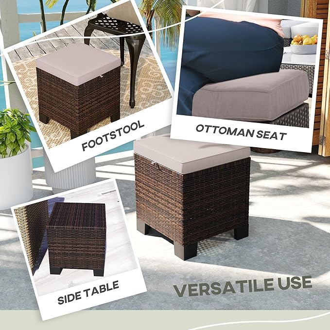 Outsunny 2 Pieces Outdoor Patio Ottomans, All Weather Wicker Outdoor Footstools with Removable Cushions, 3-in-1 PE Rattan Ottoman Seat, Footrest and Side Table for Backyard, Poolside, Cream White