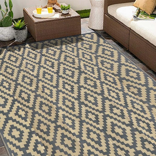 SAND MINE Reversible Mats, Plastic Straw Rug, Modern Area Rug, Large Floor Mat and Rug for Outdoors, RV, Patio, Backyard, Deck, Picnic, Beach, Trailer, Camping (8' x 10', Grey Tan Lattice)
