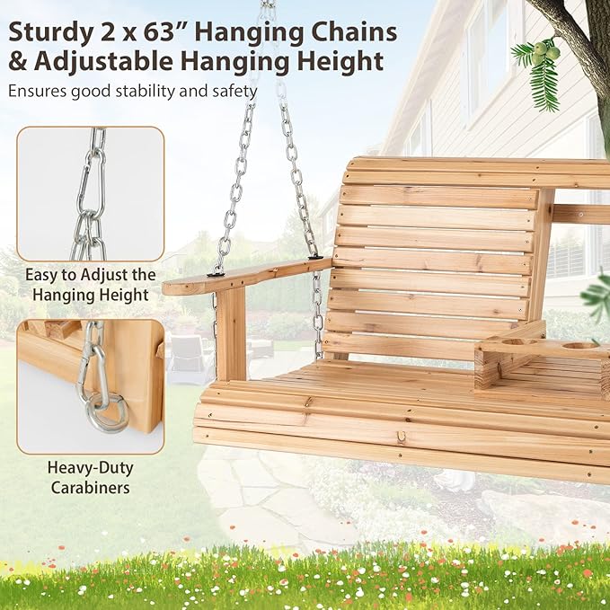 Tangkula 2 Person Hanging Porch Swing, Outdoor Bench Swing with Adjustable Chains, Foldable Cup Holders, High Back, Cozy Armrests, Wooden Hanging Swing Chair for Backyard Deck Garden Natural
