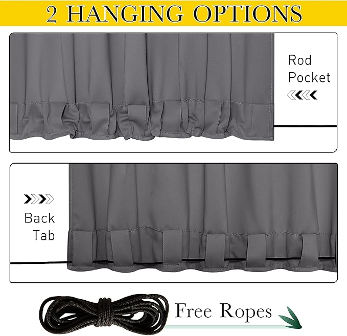 NICETOWN 2 Panels Outdoor Curtains for Patio Waterproof, W100 x L84 Windproof Extra Wide Grommet & Back Tab on Top & Bottom Thermal Insulated Sun Blocking Drapes with Rope for Gazebo, Grey