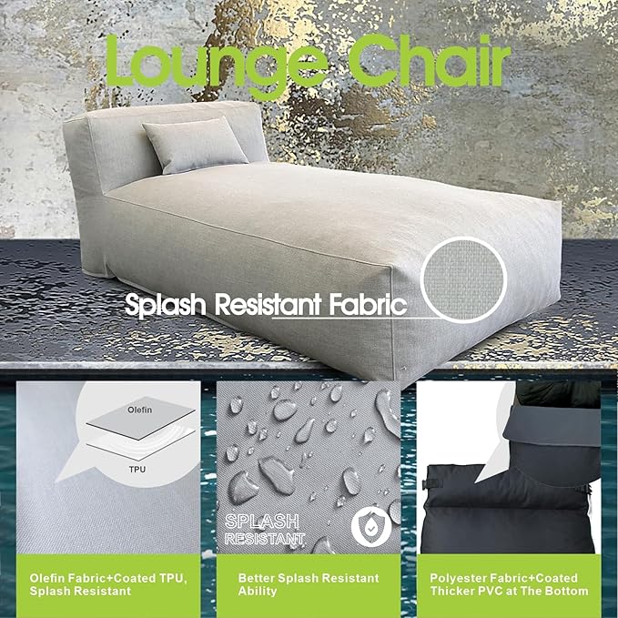 Outdoor Bean Bed Chair Sun Lounger, Outdoor Couch Sofa for Patio & Pool, Foam Filling Day Bed Furniture, Comfy Lazy Sofa for Outside, Water-Resistant Seating (Light Gray, 70'' L)