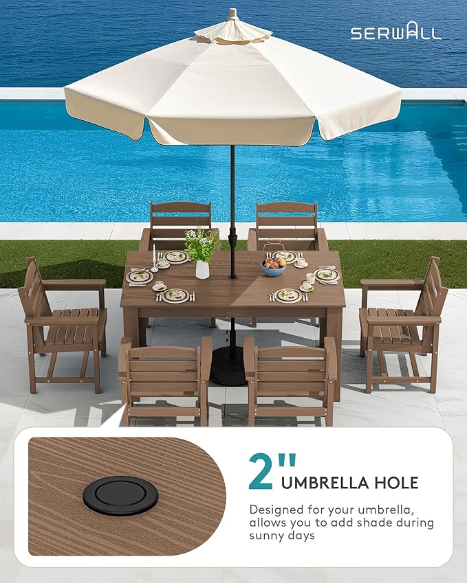 SERWALL Outdoor Dining Sets for 6, HDPE Dining Sets with 1 Umbrella Hole Cut-Out Rectangular Table and 4 Armless Chairs and 2 Armchairs, Patio Dining Sets, Brown