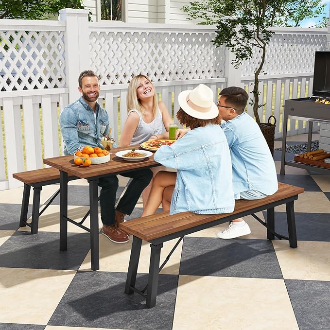 Tangkula 59" Narrow Outdoor Dining Table for 4-6, No Assembly Foldable Patio Dining Table with Acacia Wood Top & Heavy Duty Metal Frame, Portable Table for Yard, Garden, Poolside or Indoor (Natural)