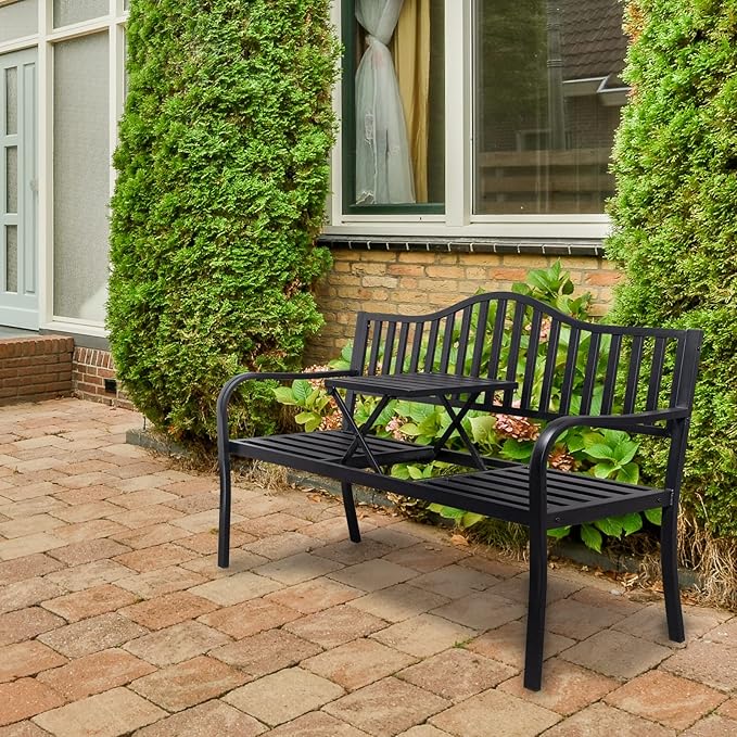 VINGLI 59" Outdoor Metal Bench Patio Bench with Built in Table Park Bench Garden Bench, Outside Benches Weather Proof Front Porch Bench for Yard Lawn Decor Deck