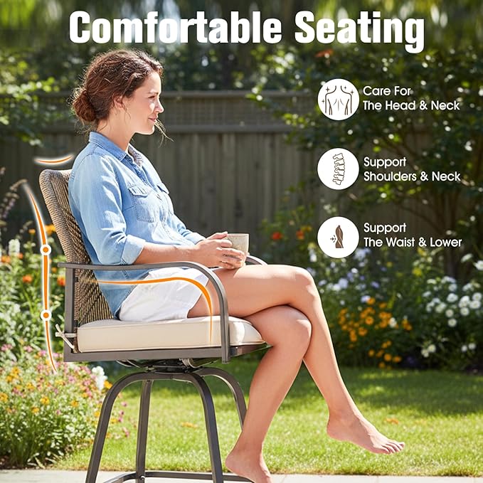 Outdoor Bar Stools Set of 6, 360° Swivel Metal Frame, Wicker Patio Bar Height Stools with Cushion, All-Weather Rattan Chair Design for Patio Backyard, Lawn Garden, Balcony, Poolside