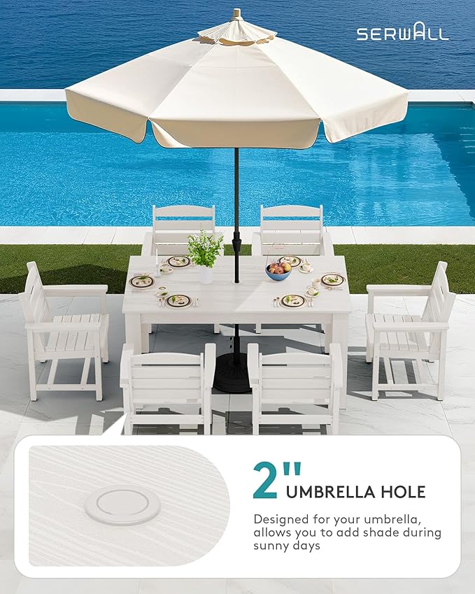 SERWALL Outdoor Dining Sets for 6, HDPE Dining Sets with 1 Umbrella Hole Cut-Out Rectangular Table and 4 Armless Chairs and 2 Armchairs, Patio Dining Sets, White