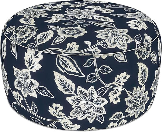 LVTXIII Indoor/Outdoor Extra Large Inflatable Ottoman Pouf D31 x H14 Inch, Round Footstool with Handle, Weather-Resistant Portable Furniture for Patio, Camping, Beach, Elegant Vines Navy