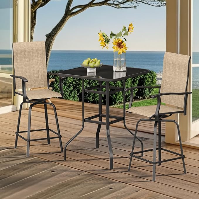 3-Piece Patio Bar Set with Textilene Swivel Bar Stools, All-Weather Bar Height Tempered Glass Table and Chairs for Lawn, Garden, Balcony, Deck, Backyard, Rustproof Frame-Light Brown