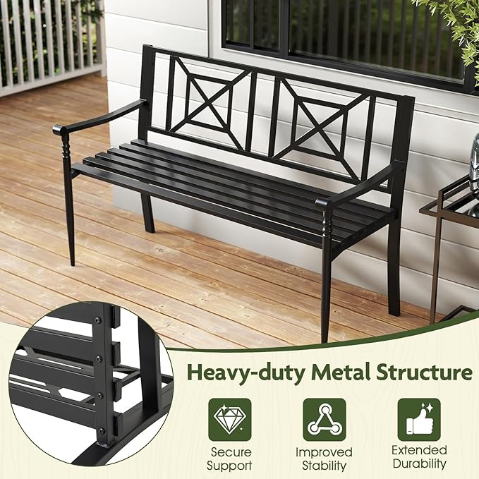 Giantex Metal Outdoor Bench with Backrest, Curved Armrests, Non-Slip Foot Pads, Slatted Seat for 2-3 Persons, Load 660lbs, Loveseat, Patio Bench for Garden, Yard, Poolside, Lawn, Porch, Park, Black