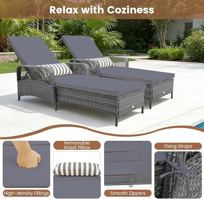 Tangkula Wicker Chaise Lounge Outdoor, Patio Rattan Reclining Chaise with 6-Gear Adjustable Backrest, Thick Padded Cushion & Removable Lumbar Pillow, Pool Lounge Chairs (1, Mix Grey + Grey)