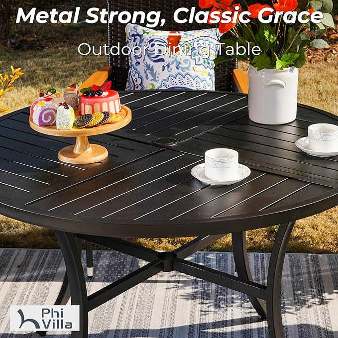 PHI VILLA 5 Pieces Outdoor Dining Set for 4 with Umbrella, 42" Large Round Metal Steel Table & Stackable Iron Chairs with Cushions & 10ft Blue Umbrella, Modern Furniture for Patio, Deck, Yard, Porch