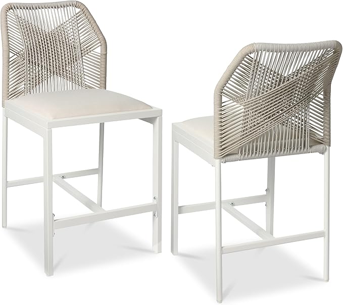 Best Choice Products Indoor Outdoor Counter Height Bar Stools Set of 2, Armless Kitchen Counter Stools w/Back and Footrest, Built-in Cushion, Aluminum Frame - White/Alpine