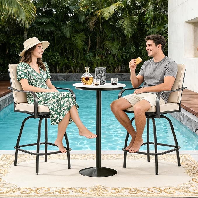 Outdoor Swivel Bar Stools Set of 2,Bar Height Patio Chairs with Cushions and High Backrest, All Weather Patio Bar Stools Furniture for Bistro Lawn, Pool, Garden and Backyard,Light Brown