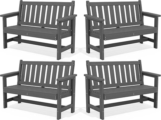 SERWALL Outdoor Bench, HDPE Outdoor Benches Weatherproof, 2-Person Garden Bench with 660 lbs Weight Capacity, Patio Benches for Outdoors, Garden, Porch, Backyard and Park, Grey, 4 Pack