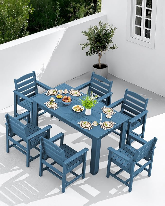 SERWALL HDPE Dining Set for 4, Outdoor Dining Sets for 4 Person with 1 Umbrella Hole Cut-Out Rectangular Table and 4 Chairs, Patio Dining Sets Blue