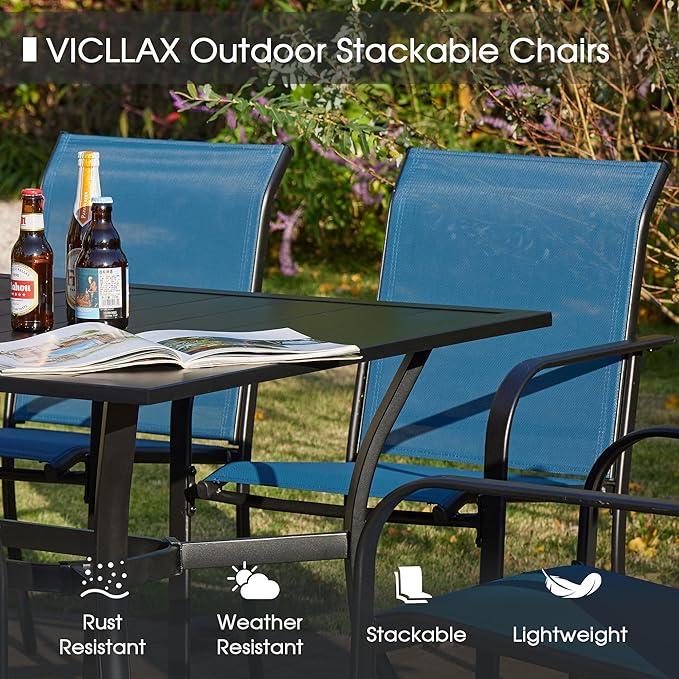VICLLAX Patio Dining Set for 6, All Weather Metal Outdoor Furniture Set- 47" Round Patio Table and Chairs, Black Tabletop and Blue Fabric