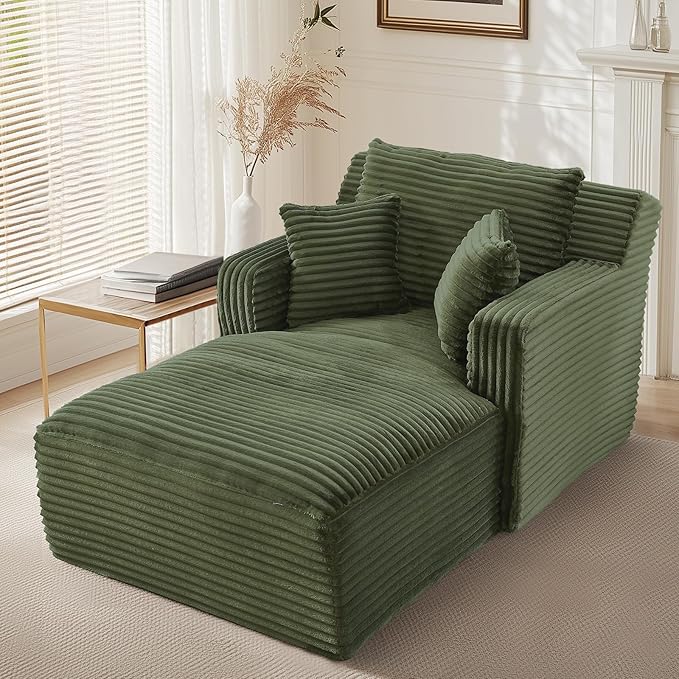 65.4" Chaise Lounge Chair Indoor, Oversized Boneless Couch Comfy Upholstered Sleeper Sofa Bed with 3 Pillows, Corduroy Cloud Reading Chair for Living Room No Assembly Required, Green