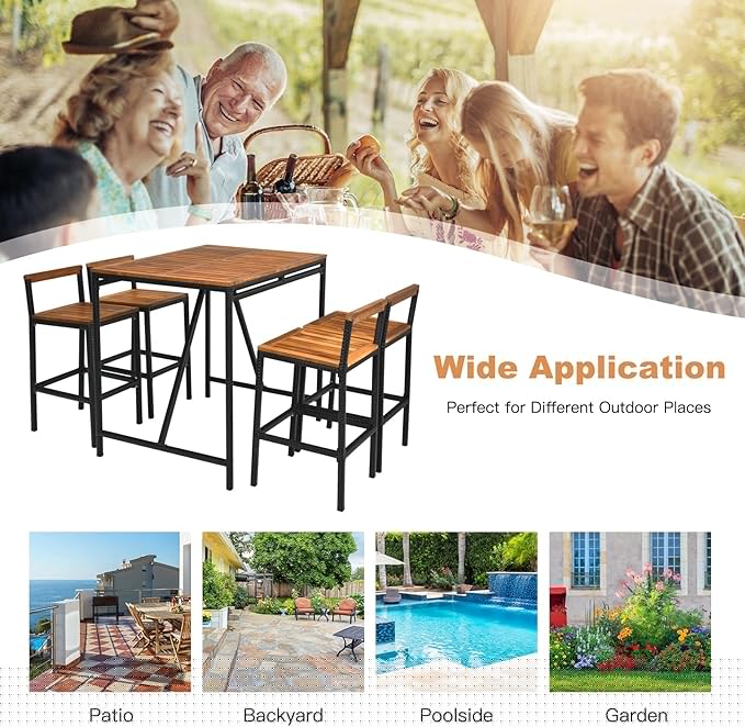 HAPPYGRILL 5 Pieces Patio Bar Table Set with Umbrella Hole Acacia Wood High-Dining Bistro Set with 4 Bar Stool, PE Wicker Outdoor Bar Set