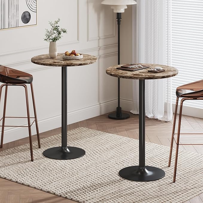 Flamaker Round Bistro Pub Table Modern Style Metal Base MDF Top Cocktail Bar Table Counter Bar Height for Pub, Dining Room, Party (1, Marble-Black)