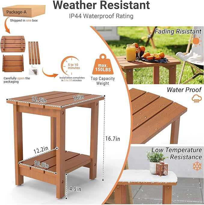 2-Tier Adirondack Side Table 17" with Double Shelf, Easy Assembly Solid Wood End Table,Outdoor & Indoor Small Table for Living Room,Patio, Poolside, Porch - Weather Resistant Walnut