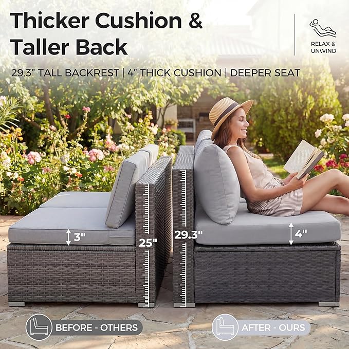 NICESOUL 29.3'' High Back Outdoor Patio Conversation Set with Firepit Natural Gas Propane Convertible, Plus Size Modular Wicker Furniture Couches, 9 Piece Modern Deep Wide Sectional Sofa, Light Gray
