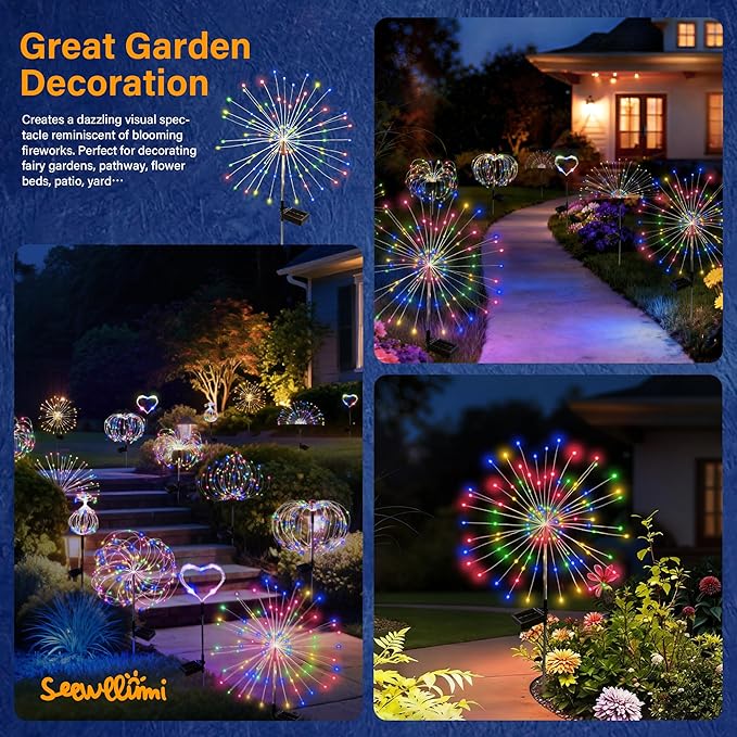 Solar Garden Lights Outdoor Decorative, 4pack 120 LED Firework Lights Waterproof，Solar Fairy Lights for Outside,Garden,Yard, Patio,Pathway,Flowerbed,Party(Multicolor)