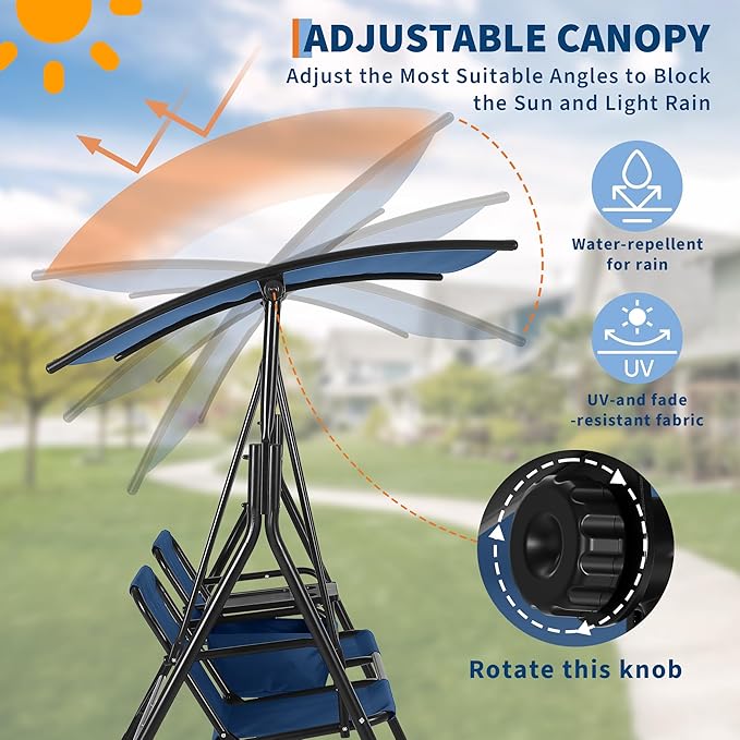 2-Person Porch Swing with Cup Holders, Pivot Storage Table & Cooler Bag, Adjustable Canopy, Black Steel Frame Outdoor Patio Swing for Backyard, Balcony & Poolside