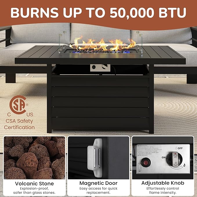 Solaste Aluminum Patio Furniture Set with 55 inch Fire Pit Table, 5 Piece Metal Outdoor Furniture with Water-Resistant Cushion, Modern Patio Conversation Set for Balcony, Front Porch, Backyard, Black
