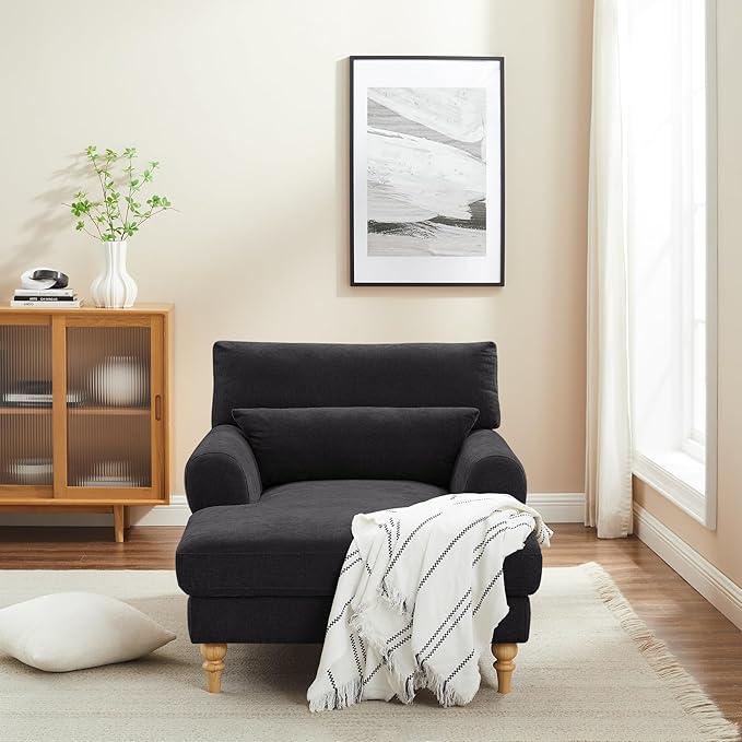 Modern Chaise Lounge Chair with Adjustable Backrest, Upholstered Indoor Leisure Sofa Recliner, Oversized Accent Chair Deep Seat Reading Armchair for Living Room, Bedroom, Office, Black