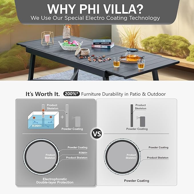 PHI VILLA 9 Pieces Outdoor Dining Set for 8, 84" Long Expandable Wrought Iron Table & Stackable Metal Chairs, Large Furniture Set for Patio, Deck, Yard, Porch - Black
