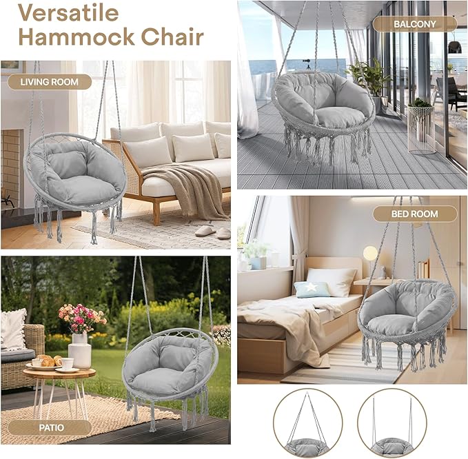 Athena Collection Hammock Chair Hanging Swing Chair with Large Thick Cushions, Outdoor Hanging Chair with Macrame Cotton Rope for Indoor, Outdoor, Bedroom, Balcony, Holds 350 Lbs, Grey