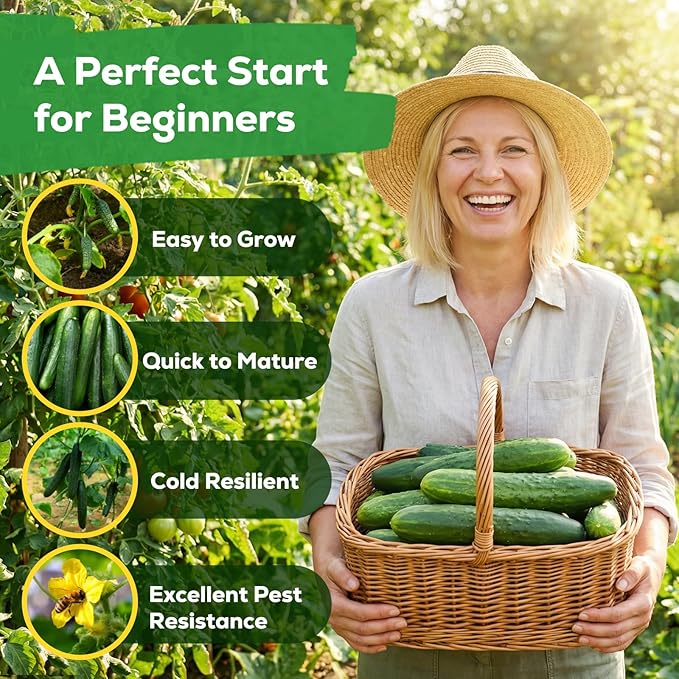 Heirloom 200+ Organic Fruivity Slicing Cucumber Seeds - Heirloom, Non-GMO Seeds for Planting, High Yield, Disease Resistant, for Trellis, Raised Bed & Container Garden