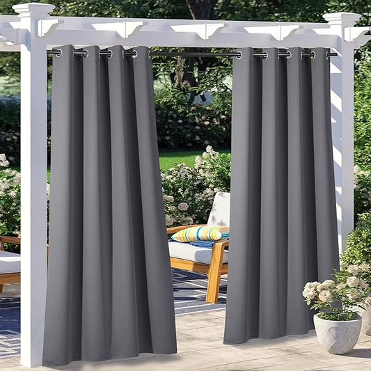NICETOWN 2 Panels Outdoor Curtains for Patio Waterproof 108" L, Thermal Insulated Stainless Steel Grommet Blackout Outdoor/Indoor Curtains Privacy Protect for Landscape, W52 x L108, Grey