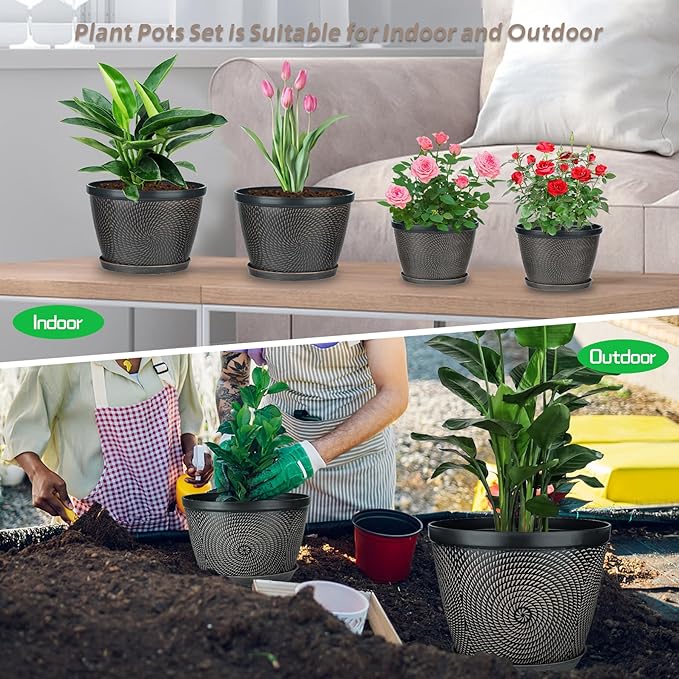Quarut 10 Inch Flower Pots for Outdoor Indoor, 3 Pack Plastic Plant Pots with Drainage Hole & Tray, Modern Decorative Garden Pot with Saucer, planters for House (Brown)