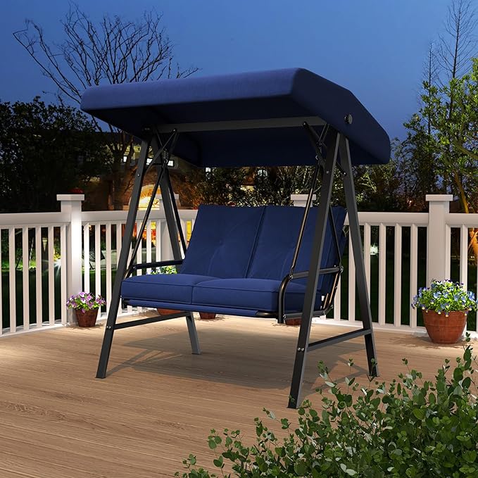AECOJOY 2-Seat Outdoor Patio Swing Chair with Adjustable Canopy, Porch Swings Chairs for Adult, Outside Swing Bench with Removable Cushion, Suitable for Backyard, Garden, Yard, Poolside, Balcon, Blue
