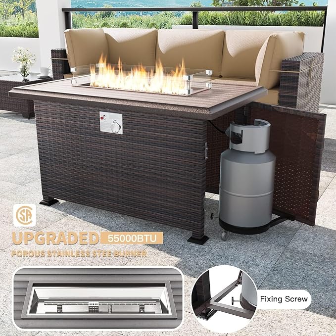 Kullavik 8 Pieces Outdoor Patio Furniture Set,Sectional Sofa Set with 43" 55000 BTU Gas Propane Fire Pit Table,Brown PE Rattan Wicker Patio Conversation Set,Sand
