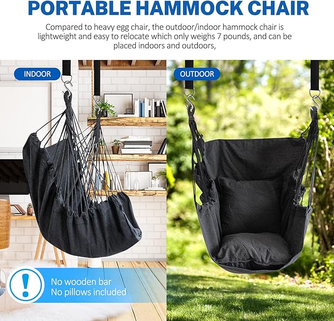 KPX Ourdoor Hanging Hammock Chair – Comfortable Tree Swing Chair Large Size 110X130cm（Without Pillows） - 330 Lbs Weight Capacity (Dark Gray)