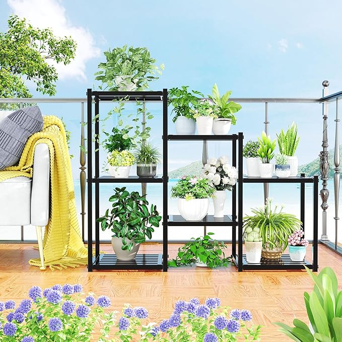 Simple Trending Plant Stand Indoor Outdoor, Heavy Duty Metal Waterproof 7 Tiered Plant Shelf for Multiple Flower Planter Holder Tall Large Rack, Black