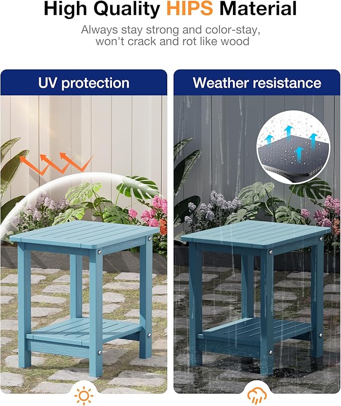 YEFU Outdoor Side Table for Patio: 16" HIPS Weather - Resistant Adirondack Tables Set of 2 - Small Square End Tables for Backyard Pool Porch Balcony - Indoor Outdoor Double Layer Table Blue