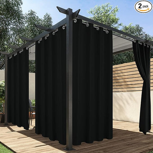 HolidayIdeas Extra Wide Outdoor Curtains for Patio Waterproof, 2 Panels - 110 x 95 Inch - Privacy & Light Filtering Curtains Grommet Outside Curtains for Porch, Gazebo, Pergola, Backyard (Black)