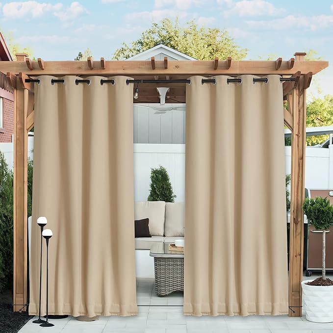 NICETOWN 2 Panels Outdoor Patio Curtains Windproof & Waterproof, Top & Bottom Grommet & Back Tab Light Blocking Drapes Keep Privacy for Yard/Porch with Ropes for Fixed, Biscotti Beige, W52 x L72