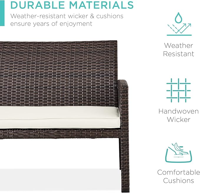 Best Choice Products 4-Piece Outdoor Wicker Patio Conversation Furniture Set for Backyard w/Coffee Table, Seat Cushions - Brown/White Sand
